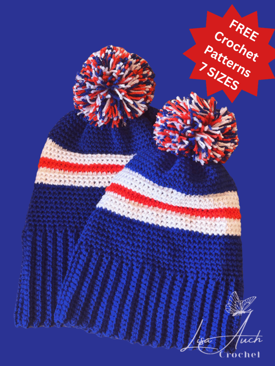 crochet beanie in team coloursFREE Team Crochet Hat Patterns 7 sizes 