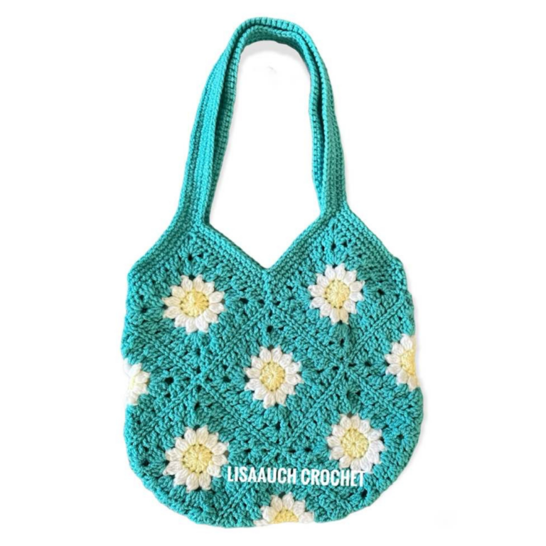 how to crochet a diasy granny sqaure crochet bag pattern step by step tutorial and bag layout