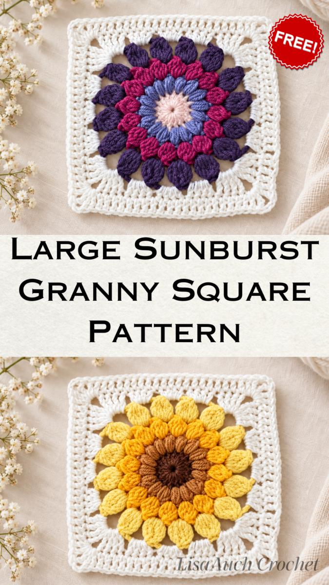 Crochet sunburst granny square pattern free